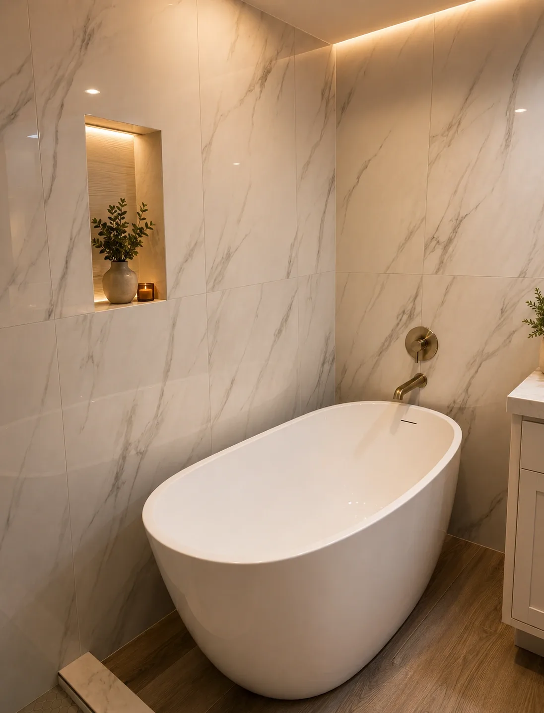 Bathroom finished in large-format veined wall tile with a backlit recessed niche and a freestanding soaking tub on a wood-look floor.
