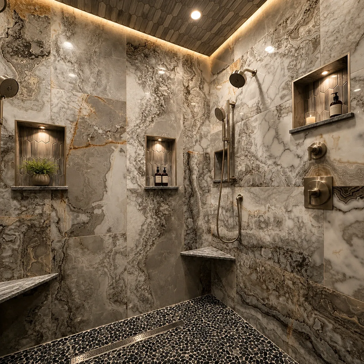 Custom walk-in shower with full-height veined stone-look wall tile, two lit recessed niches, a mosaic pebble floor and a tiled ceiling.
