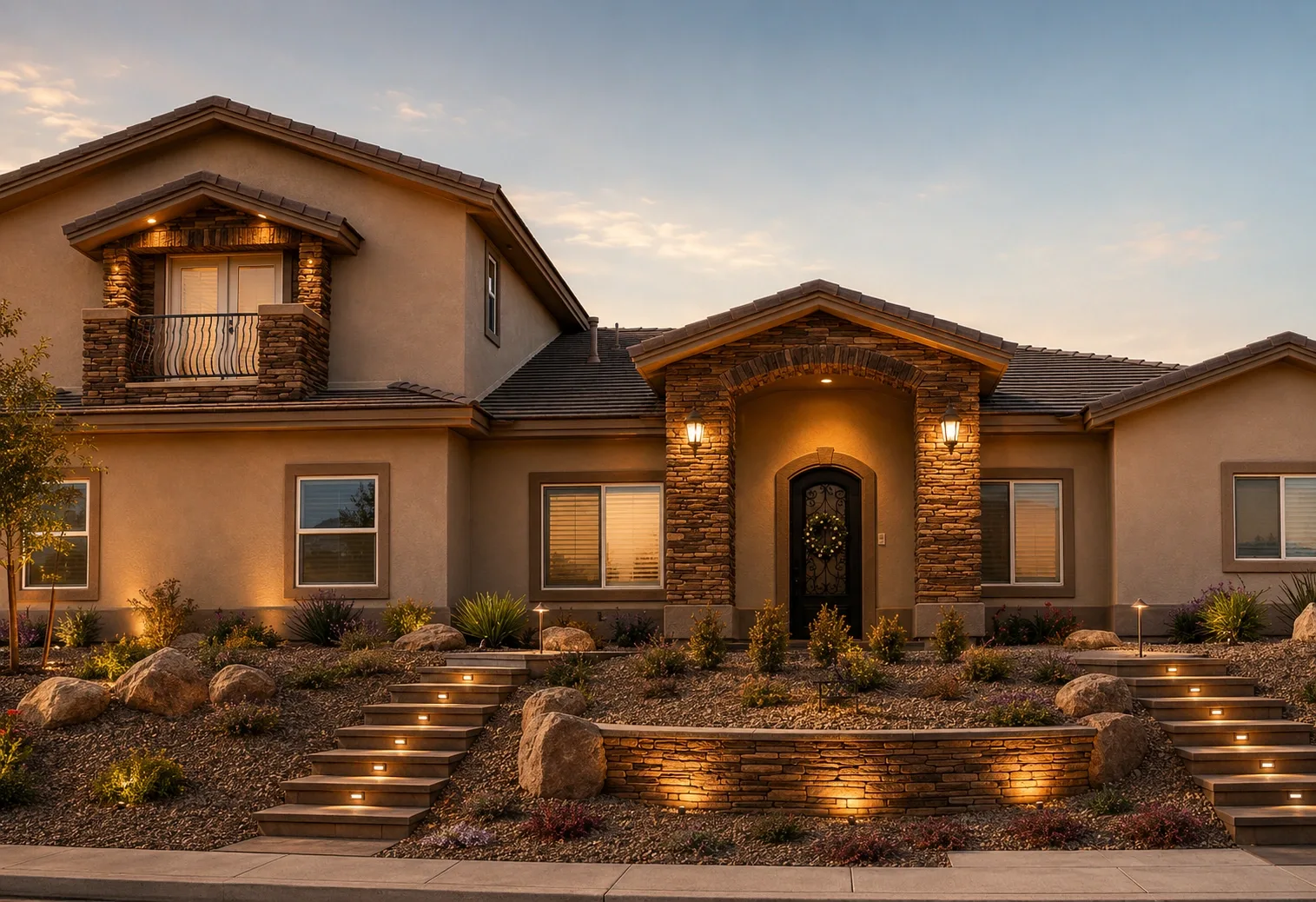 Home exterior at dusk with stacked stone applied to the entry surround, gable and balcony, and a stacked stone retaining wall along the front steps.