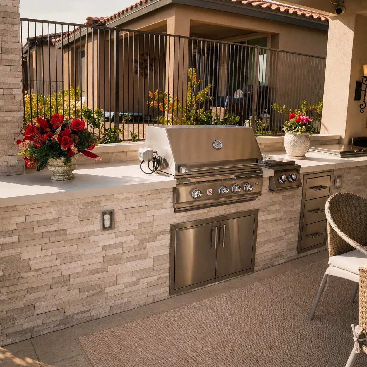 Outdoor kitchen island faced in stacked stone ledger panels with a stone countertop, built-in grill and side burner.
