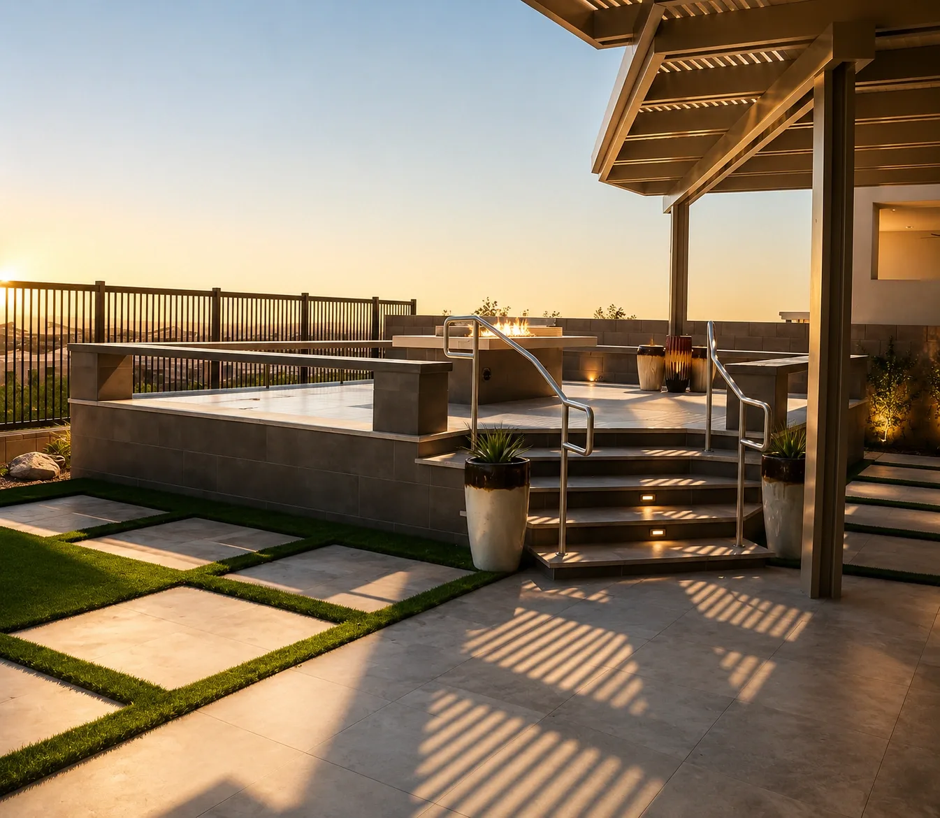 Raised outdoor terrace at sunset with large-format porcelain paving, tiled step risers with recessed lighting, a clad retaining wall and a fire feature.